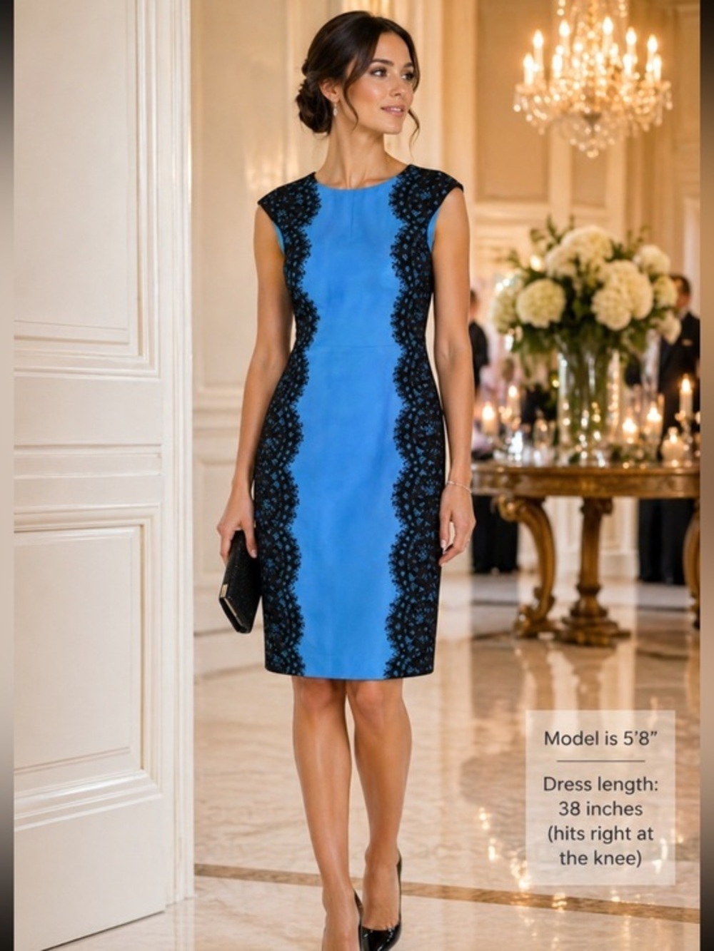 CH Carolina Herrera blue silk and polyester black lace sheath dress NEW NWT 4